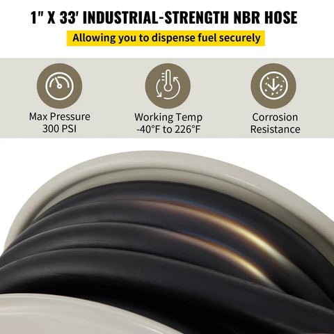 Heavy Duty 50 Ft Retractable Fuel Hose Reel With Auto Refueling Gun For Diesel And Gasoline Transfer showing 1" x 33" NBR hose details.