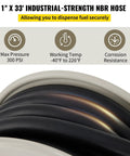 1 inch x 33 inch industrial-strength NBR fuel hose, features max pressure 300 PSI, designed for secure fuel dispensing.