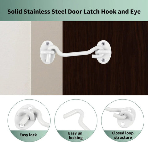Sturdy White Barn Door Hook And Eye Latch Pair For Quick Privacy Setup Smooth Curved Design Rust Resistant Stainless Steel Construction