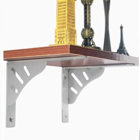 2 Pack Heavy Duty Floating Shelf Brackets Stainless Steel Wall Mount Corner Supports With Screws Rugged Triangle Design holding a wooden shelf with decorative items.