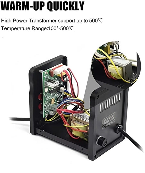 Inside view of 858D Plus Hot Air Desoldering Station With LCD Display 750W Fast Heating Auto Cold Air Anti Burn, showing internal components.