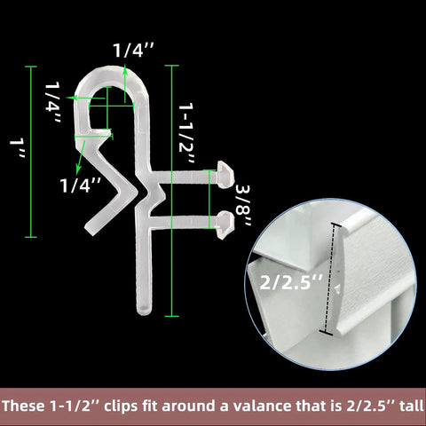 Diagram of 1-1/2 inch clear plastic clip for valances, part of 25 Pack Clear Plastic Hidden Valance Clips For Horizontal Blinds.