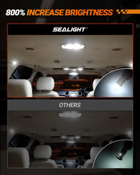 Comparison of car interiors showing 194 LED Bulbs 6000K White For License Plate Dome Map Trunk Door Courtesy Dash Lights Wedge Base Replacement