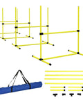 Four Piece Adjustable Dog Agility Jump Set Training Kit with Portable Carry Bag For All Sizes Easy Height Adjustments Park Ready Outdoor Practice Yellow. Includes yellow adjustable jump bars, connectors, and a blue carry bag.