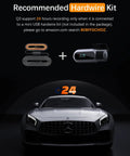 FHD 1080P Car Dash Cam With Night Vision 150 Degree Wide Angle 6G Lens WDR Loop Recording G Sensor 24 Hours Parking Mode App Control Tiny But Mighty Mini Front Dashcam For Cars displayed with recommended hardwire kit for 24-hour recording, shown above a parked car at night.