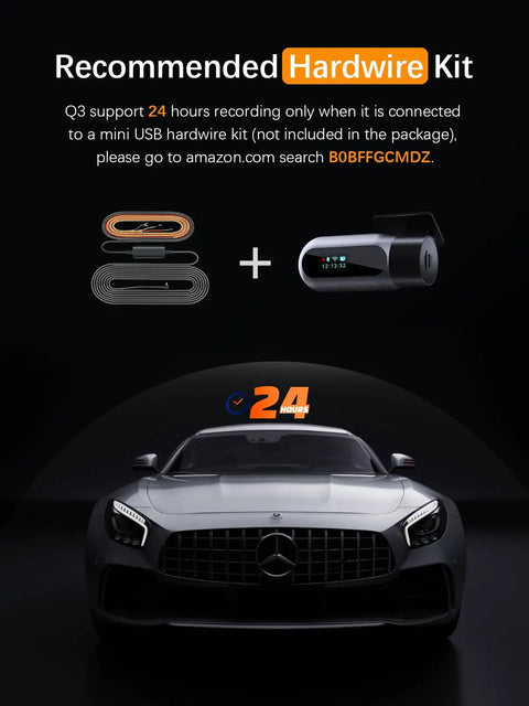 FHD 1080P Car Dash Cam With Night Vision 150 Degree Wide Angle 6G Lens WDR Loop Recording G Sensor 24 Hours Parking Mode App Control Tiny But Mighty Mini Front Dashcam For Cars displayed with recommended hardwire kit for 24-hour recording, shown above a parked car at night.