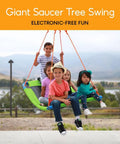 Platform Swing Giant Rectangular Saucer For Kids And Adults in use, children enjoying outdoor fun on bright green swing