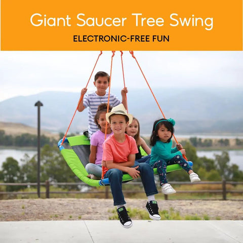 Platform Swing Giant Rectangular Saucer For Kids And Adults in use, children enjoying outdoor fun on bright green swing