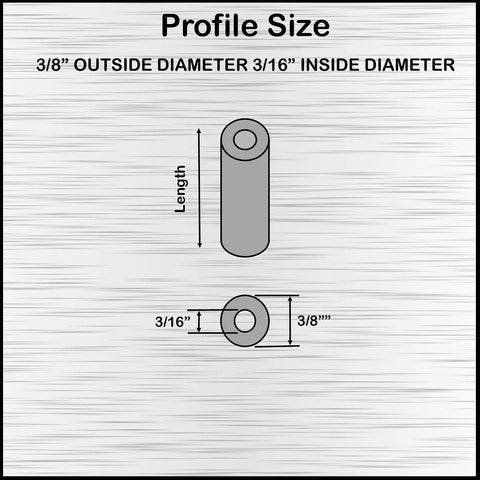 Aluminum spacer 3/8 in OD x 3/16 in ID; round unthreaded standoff with dimension diagram (front/top views)