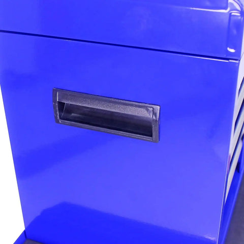 Close-up of the blue side handle on the Rolling Tool Cart With Five Drawers On Wheels Heavy Duty Steel Tool Chest