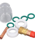 Top Tier 9 Piece TIG Welding Torch Kit With Collet Gas Lens Glass Cup Gasket O Ring For WP 17 18 26 Silly Brass Consumables Steel components including transparent glass cup and green O rings.