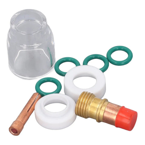Top Tier 9 Piece TIG Welding Torch Kit With Collet Gas Lens Glass Cup Gasket O Ring For WP 17 18 26 Silly Brass Consumables Steel components including transparent glass cup and green O rings.
