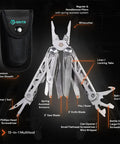 13 In 1 Stainless Steel EDC Multitool With Nylon Sheath For Camping, Hiking, And Fishing showing tools and features