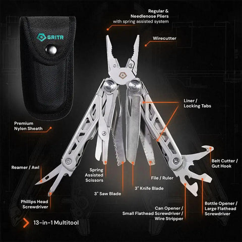 13 In 1 Stainless Steel EDC Multitool With Nylon Sheath For Camping, Hiking, And Fishing showing tools and features