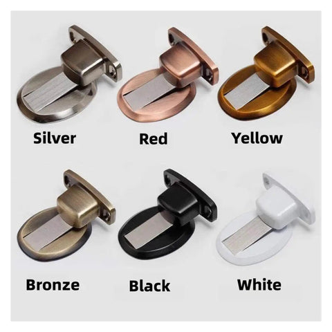 Six color variations of Gold Invisible Magnetic Door Stopper with Wall or Floor Mount Catch for indoor doors.