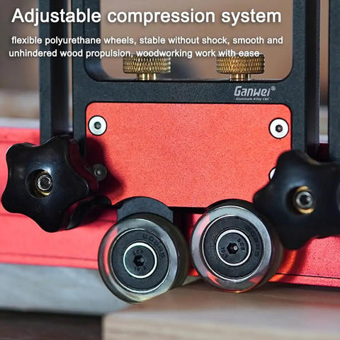 Close-up of Heavy Duty Aluminum Alloy Table Saw Feeding Roller Guide With Ball Bearings for T Track Woodworking Fences, showcasing adjustable compression system and polyurethane wheels.