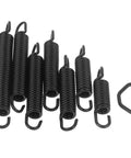 Heavy Duty Stainless Steel Tension Springs With Hooks Pack Of 10 Assorted Sizes displayed in black color and various lengths.