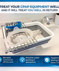 Hose And Mask Cleaning Kit With Extra Thick 6.9 Foot Tubing Brush Collapsible Wash Basin in use on drying rack by sink