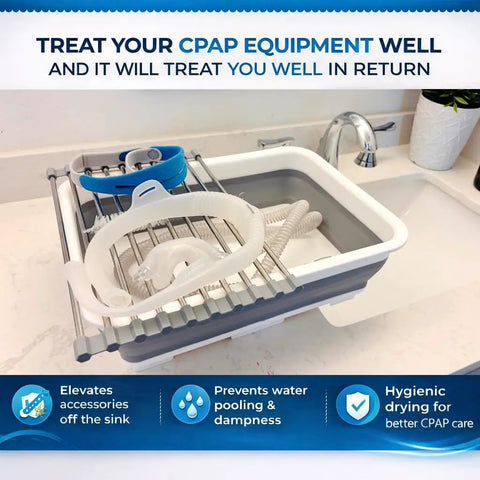 Hose And Mask Cleaning Kit With Extra Thick 6.9 Foot Tubing Brush Collapsible Wash Basin in use on drying rack by sink