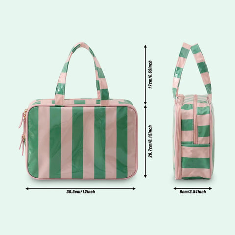 Must Have Waterproof Clear Coated Striped Makeup Bag Portable Cosmetic Organizer With Compartments For Travel Ideal Toiletry Case