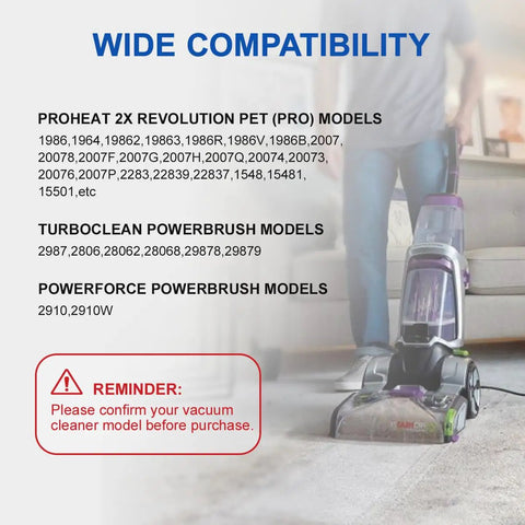 Image showing compatibility reminder for Replacement Vacuum Belt Duo Pack For Bissell PowerForce TurboClean ProHeat 2X Revolution Pet Pro Carpet Cleaners Works With Models 1986 2910 2987 2806 1548 And More with vacuum cleaner in background.