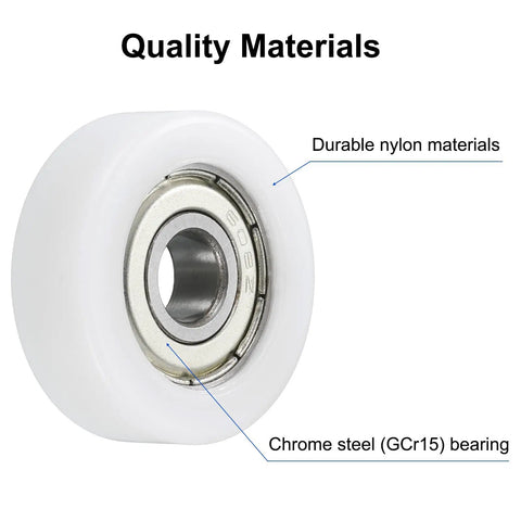 Eight Pieces Nylon Roller Bearings 8x30x10mm Double Shielded ABEC 1 Tolerance Ball Bearing Guide Flat Pulley Wheel For Furniture And Hardware Accessories Low Noise White, nylon wheel and chrome steel bearing close-up