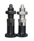 Rock Solid Self Locking Plunger Pin With Fine Thread Indexing Positioning Knob And Alignment Dowel shown from the side, two colors.
