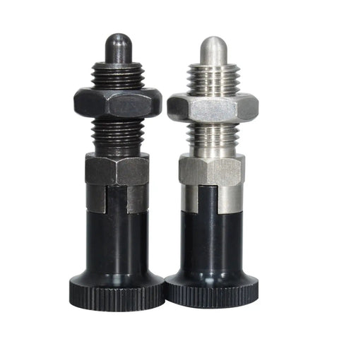 Rock Solid Self Locking Plunger Pin With Fine Thread Indexing Positioning Knob And Alignment Dowel shown from the side, two colors.