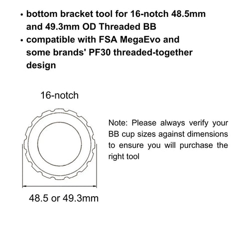 Diagram of Dope 16 Notch Bottom Bracket Tool For 48.5mm 49mm And 49.3mm OD Threaded BBs Fits FSA MegaEvo PF30 T47 Designs