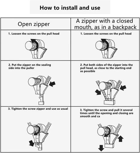 Instructional guide for Universal Zipper Repair Kit With Removable Sliders And Quick Fix Heads For Jackets, Bags, Luggage, Tents And No Fuss, Easy Clamp Adjustable Zipper Pull Replacement Set In S M L Sizes For Fast DIY Zipper Fix.