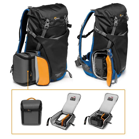 24L Hiking Camera Backpack With Side Access, Removable Camera Insert, And Accessory Strap System shown with inserts and gear