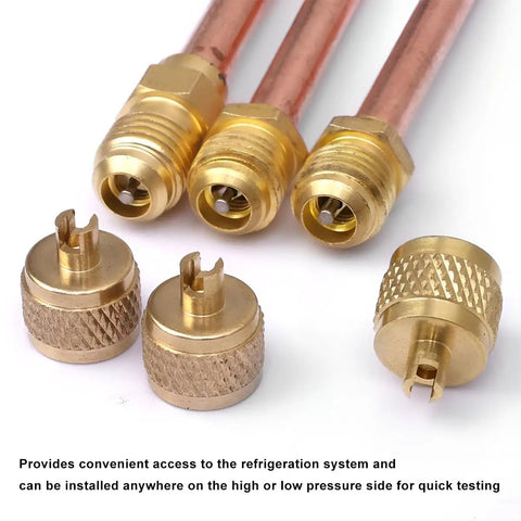 Close-up of brass and copper 10 Pack HVAC Service Access Valves 1 Quarter Inch SAE To 1 Quarter Inch OD With 2.95 Inch Stem