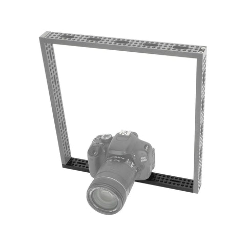 Top Shelf 12 Inch Long Cheese Mounting Plate Featuring Heavy Duty Aluminum Body And Built In Quarter Twenty Screws, supporting a camera.
