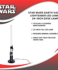 Darth Vader LED Lightsaber Lamp 24 Inch Tall Desk Night Light Star Wars Decor Red Blade Standing Light For Home Office Bedroom Mood Lighting Geeky Collectible Gift For Fans displayed against a promotional background with product details, showing the unlit lamp on a round base with power cord.