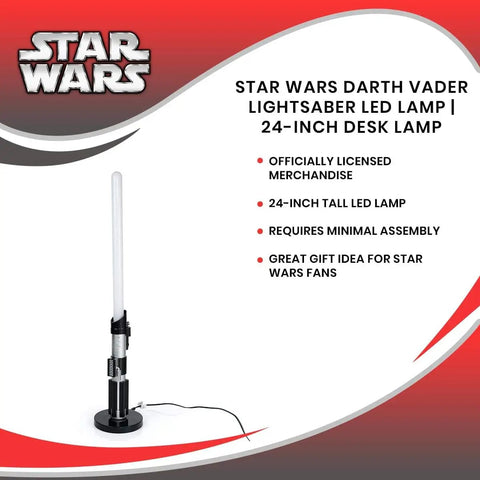 Darth Vader LED Lightsaber Lamp 24 Inch Tall Desk Night Light Star Wars Decor Red Blade Standing Light For Home Office Bedroom Mood Lighting Geeky Collectible Gift For Fans displayed against a promotional background with product details, showing the unlit lamp on a round base with power cord.