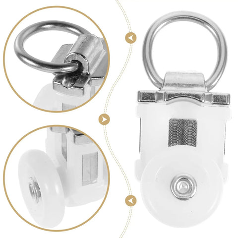 Close-up of a 30 Pack Double Wheel Curtain Track Roller with alloy and plastic, featuring a smooth gliding wheel for easy sliding.