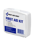 Front view of white plastic First Aid Kit by First Aid Only; 13-piece kit with antiseptic wipes, gauze pads, bandages
