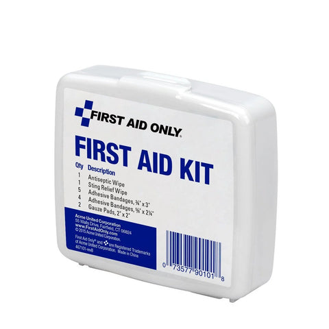 Front view of white plastic First Aid Kit by First Aid Only; 13-piece kit with antiseptic wipes, gauze pads, bandages