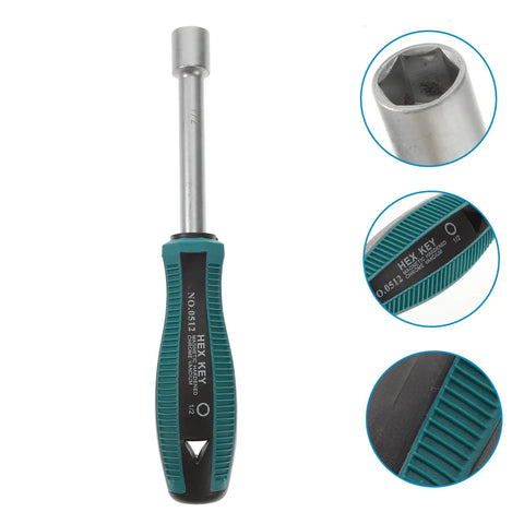 Half Inch Hollow Shaft Nut Driver With Anti Slip Rubber Handle For Protruding Screw Removal And Precise Circuit Board Repair In Tight Workspaces Built Tough From 45 Steel For Long Lasting Service