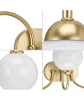 Details of Carisa Collection 3-Light Opal Glass Bath Vanity Light in vintage gold finish with white globe shades.