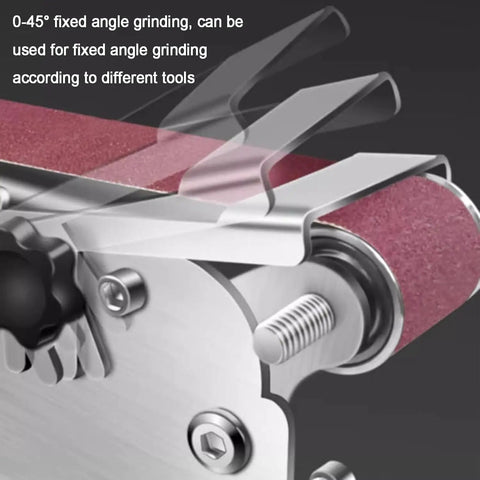 Close-up of 0-45° angle adjustment feature on Badass Electric Knife Sharpener And Wet Bench Sander with sand belt.