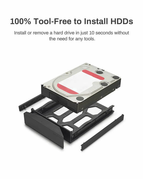 Rock Solid Hybrid Nvme Sata Enclosure Hosting Two Hard Drives Plus Three M2 Solid State Drives For A Massive Sixty Eight Terabytes Of Raw Flex Storage With No Brainer Plug And Play Setup showing tool-free HDD installation.