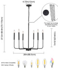 Black 6 Light Farmhouse Chandelier With Industrial Iron Vibe For Dining Room, adjustable height chain, bulb size details shown.