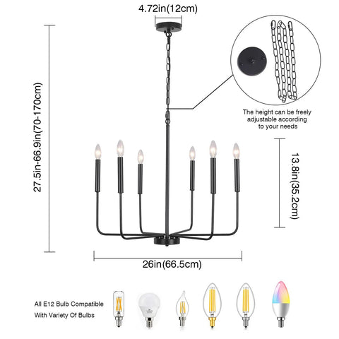 Black 6 Light Farmhouse Chandelier With Industrial Iron Vibe For Dining Room, adjustable height chain, bulb size details shown.