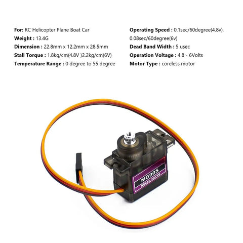 Five Pack MG90S 9G Metal Gear Micro Servo For Arduino Builds And RC Gearheads Ideal For Drones Planes Boats Robots Cars With 180 Degree Swing And Fast 0.1s Per 60 Degrees At 4.8V And 0.08s Per 60 Degrees At 6V, single servo front view with label and wires