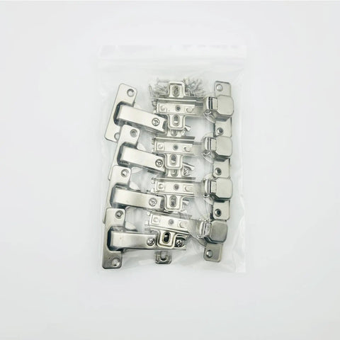 Heavy Duty Inset Blind Corner Hinges 95 Degree Opening 35 Mm Round Cup Steel Concealed Furniture Clips Pack Of Eight in plastic packaging.