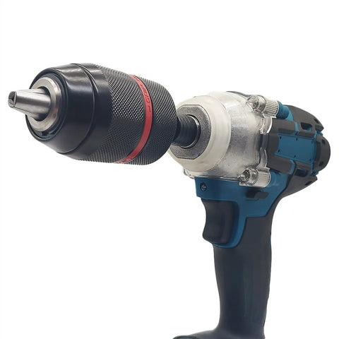 Heavy Duty Keyless Drill Chuck With Metal Tool Holder That Snaps Bits In Fast on a drill, featuring secure grip and quick change design.