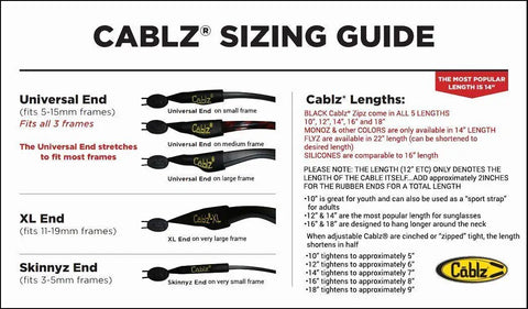 Cablz sizing guide with descriptions for Universal End, XL End, and Skinnyz End for fitting eyewear.