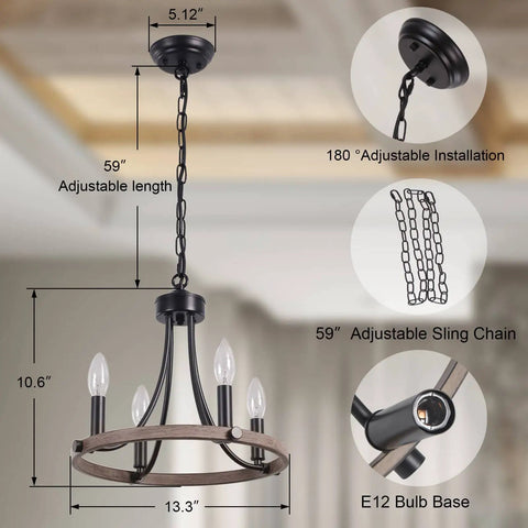 Wagon Wheel Black Farmhouse Chandelier With 4 Lights, Round Pendant Light installation process and features details.