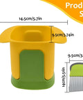 Front view of HONSNKS hand-operated vegetable chopper with yellow top and green base; stainless steel blade.